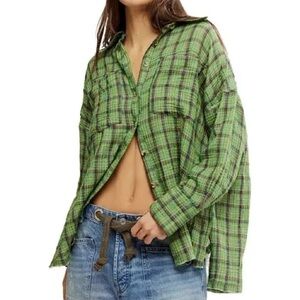 Free People We The Free Cardiff Green Plaid Button Down Top